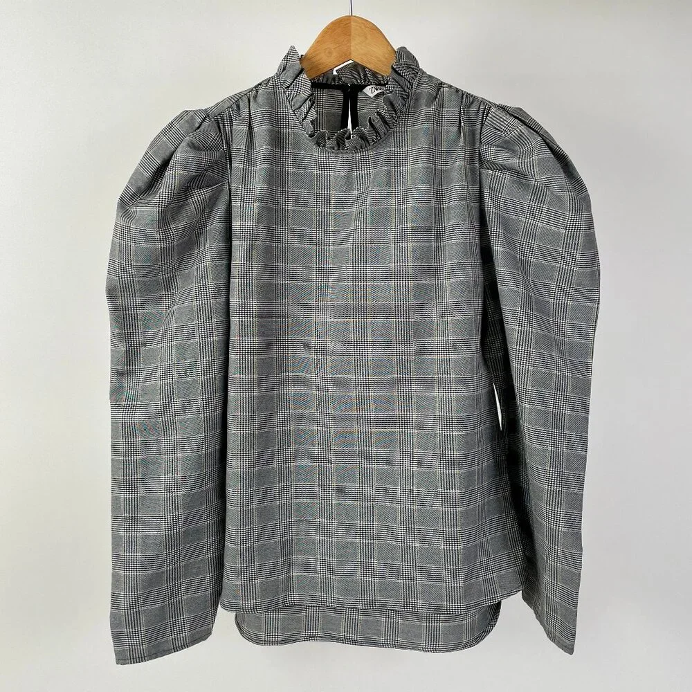 Zara Black/White Glen Check Long Sleeve Top Ruffled Collar Puff Sleeves, Size XS - Picture 2 of 8